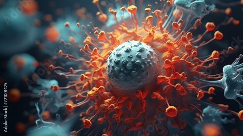 A detailed 3D rendering of a virus cell outbreak with spike proteins, in warm red and orange hues, depicting a medical threat.