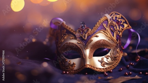 An intricate Venetian mask adorned with gold and purple details sparkles against a bokeh light effect background.