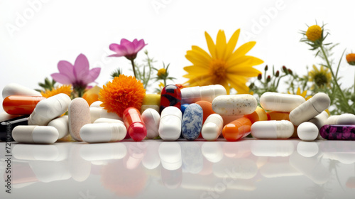 A variety of pharmaceutical pills and capsules juxtaposed with blooming flowers, contrasting medicine with nature.