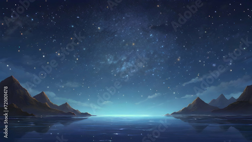 Natural scenery with mountains and ocean under starry sky at night. Nature background. Cartoon or anime illustration style. photo