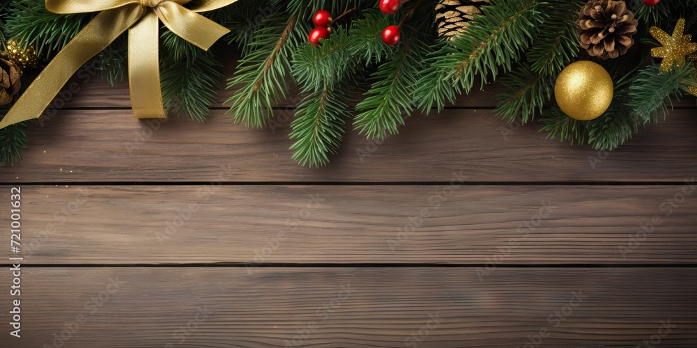 Christmas background with fir tree branches and decoration on wooden board. Top view Generative AI
