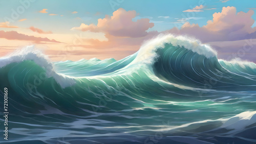 Natural scenery of a ocean wave with a sunset in the background. Cartoon or anime illustration style.