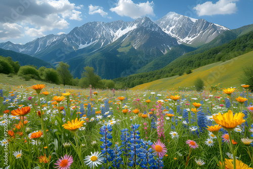 A breathtaking countryside adorned with vibrant wildflowers and majestic snowy mountains. Created with generative AI.