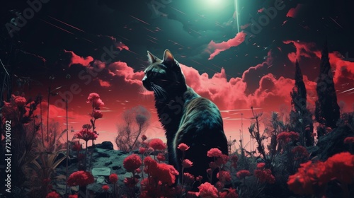 A solitary cat sits in a surreal crimson landscape, surrounded by alien-like floral growth under a dramatic sky.