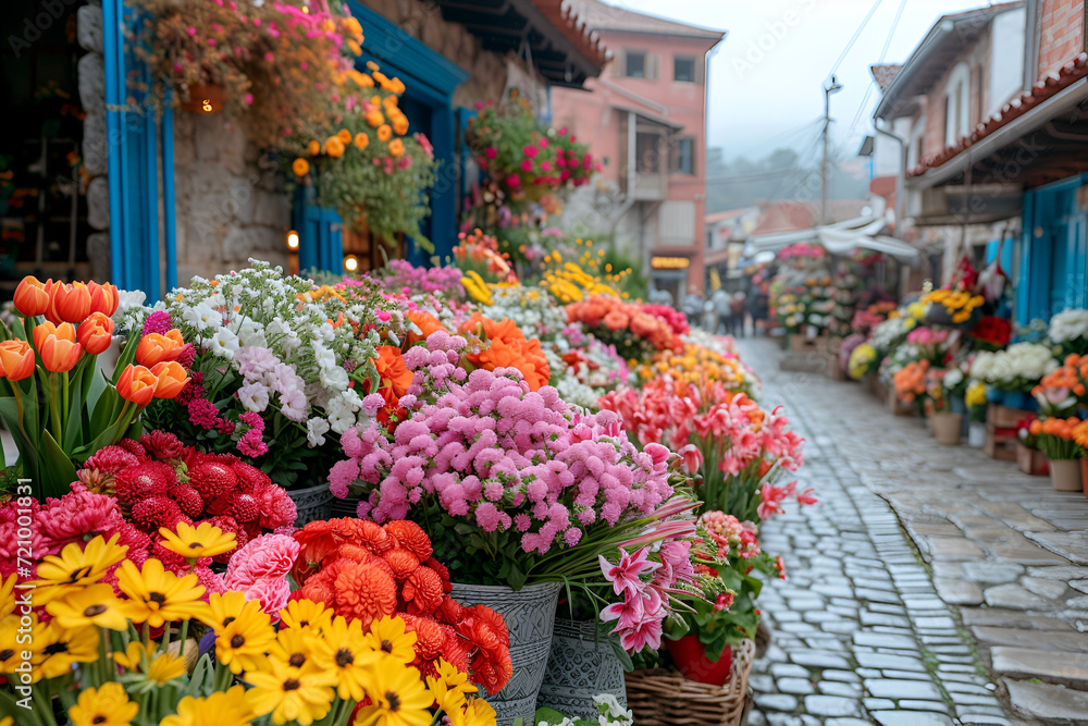 A lively flower market with vendors selling vibrant bouquets against a backdrop of historic buildings. Created with generative AI.