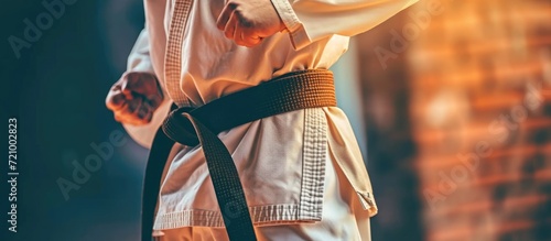 Brown belt in karate, instructor-student fitness, taekwondo training, sports graduation, and workout education. Martial arts attire, fighter and coach preparing in gym, practice and exercise. photo