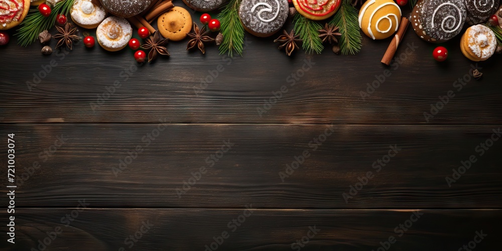 Christmas background with gingerbread cookies and Christmas tree branches on dark wooden board Generative AI