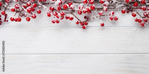 Christmas background with red rosehip branches covered with snow on wooden background Generative AI