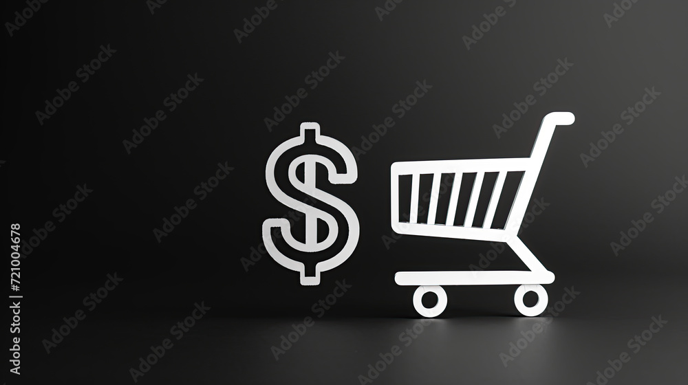  Shopping carton right and thick dollar sign icon on left white over black, to represent inflation, retail and food cost.


