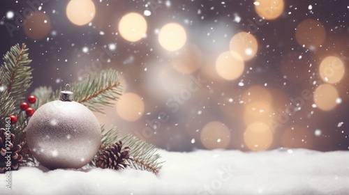 Christmas decoration with snow and bokeh background. Christmas greeting card. Generative AI