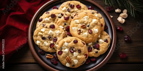 Christmas cookies with cranberries and nuts on a dark wooden background. Generative AI