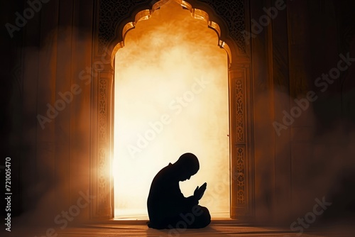 Moslem man silhouette doing salat praying for Allah inside the mosque at night, tahajjud. Orange smoke around the mosque photo
