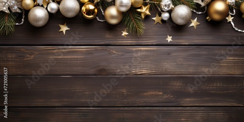Christmas background with golden and silver baubles and fir tree branches on dark wooden planks Generative AI