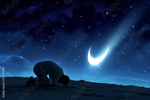 Moslem man doing sujud praying for Allah under the falling stars, with crescent moon at night.