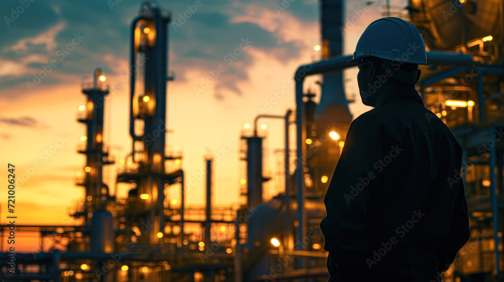 Engineer Overlooking Nighttime Industrial Plant.A male engineer in safety gear is standing with his back to the camera, observing the operations of a large industrial plant at night. Engineer Overlooking Nighttime Industrial Plant.A male engineer in safety gear is standing with his back to the camera, observing the operations of a large industrial plant at night.
