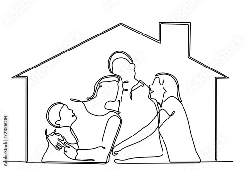continuous line housing concept for young families, parents and children in a new house with a roof