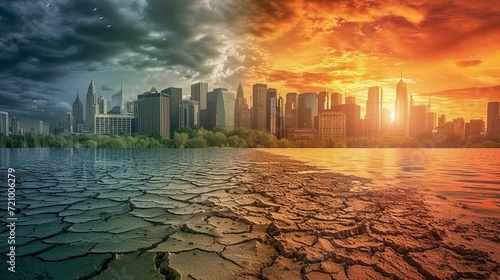 City skyline collage with contrast of flooding and drought. Global warming and climate change concept.