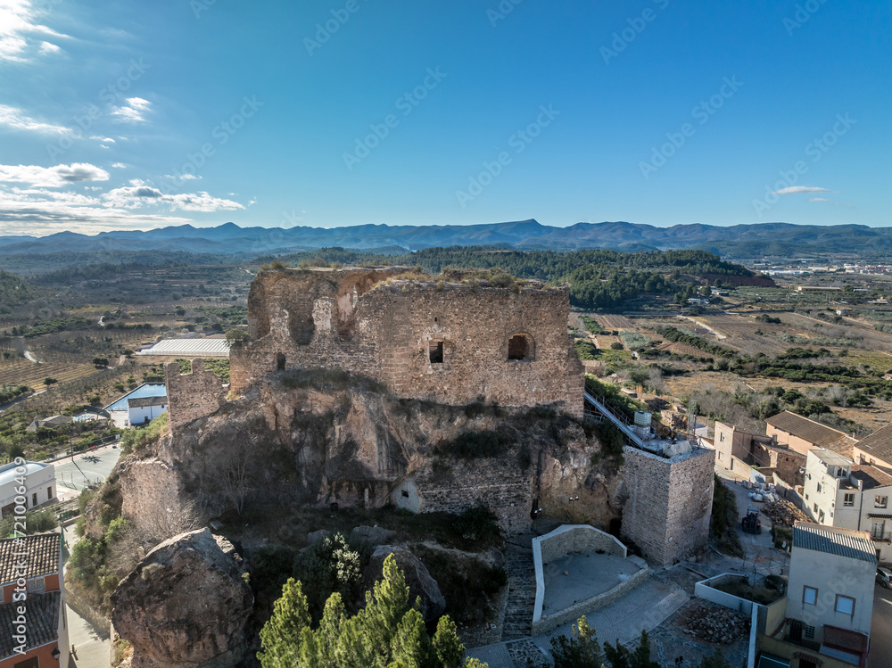 Aerial view of Castellnovo castle, medieval hilltop ruins near Segorbe Spain with rectangular tower