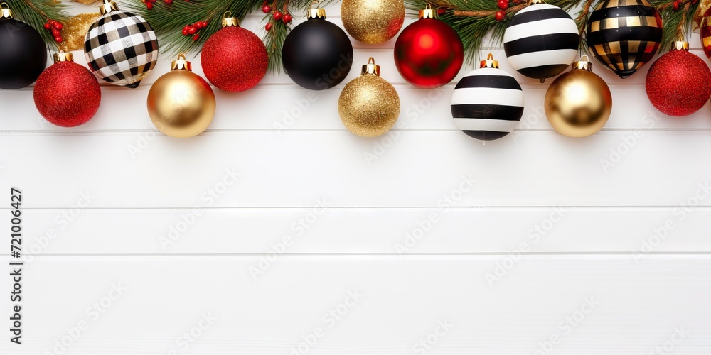 Christmas and New Year background with baubles and fir branches on white wooden planks Generative AI