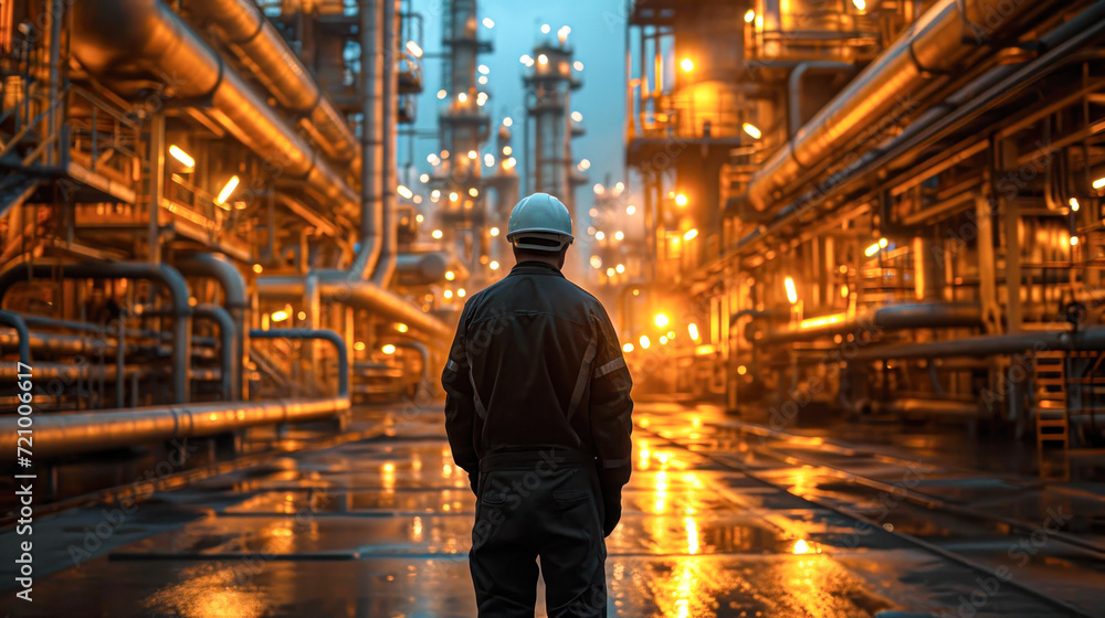 Engineer Overlooking Nighttime Industrial Plant.A male engineer in safety gear is standing with his back to the camera, observing the operations of a large industrial plant at night. Engineer Overlooking Nighttime Industrial Plant.A male engineer in safety gear is standing with his back to the camera, observing the operations of a large industrial plant at night.
