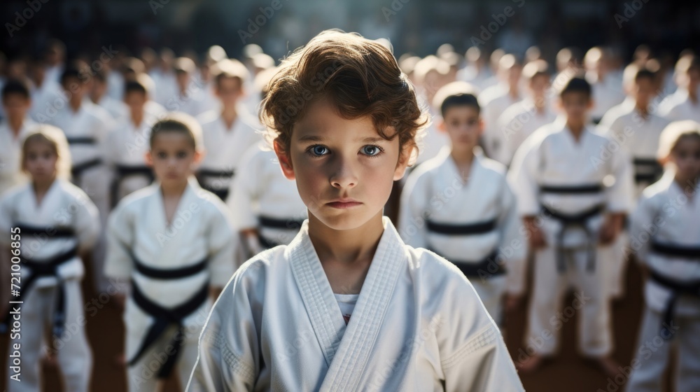 A young boy with a determined expression leads a large group of karate students. A young boy with a determined expression leads a large group of karate students.