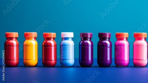 A neat row of multicolored medicine bottles against a vivid blue background representing medical care and storage.