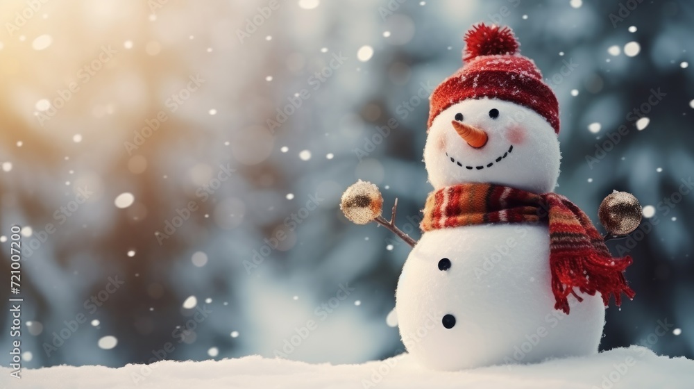 Snowman in red hat and scarf on the background of a winter forest Generative AI