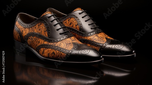 Stylish black and orange brogue shoes with intricate patterns on a reflective surface.