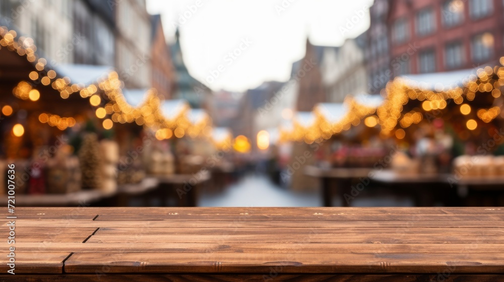 Festive Christmas market atmosphere captured with a defocused blur of lights and decorations, with wooden surface foreground.