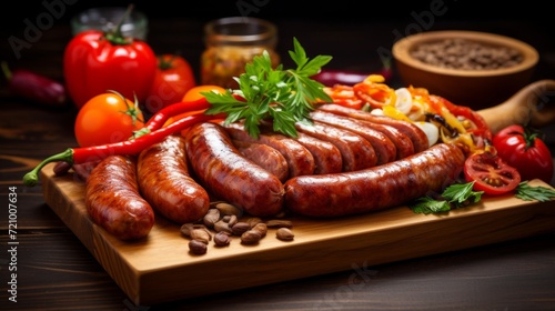 Juicy grilled sausages on a wooden board accompanied by fresh herbs, spices, and sliced vegetables, ready for serving.