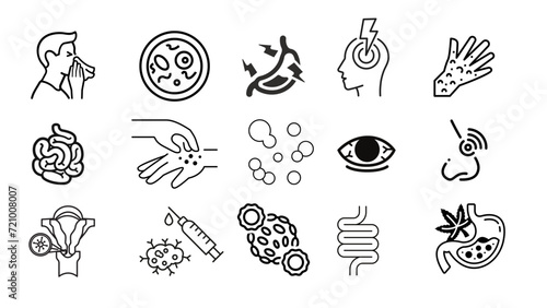 Icon set, disease symptoms, heart, intestines, smallpox, diarrhea, flu, cough, headache, vector illustration.