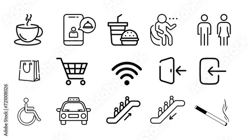 Icon set, Food court, public toilet, shopping, mall, escalator, network, entrance hall, vector illustration,