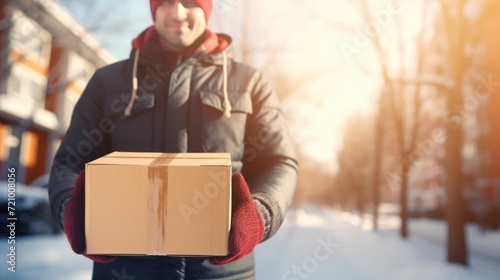 Smiling delivery man holding parcel box looking at camera blurred Winter street background. Christmas holidays delivery © JuliaDorian