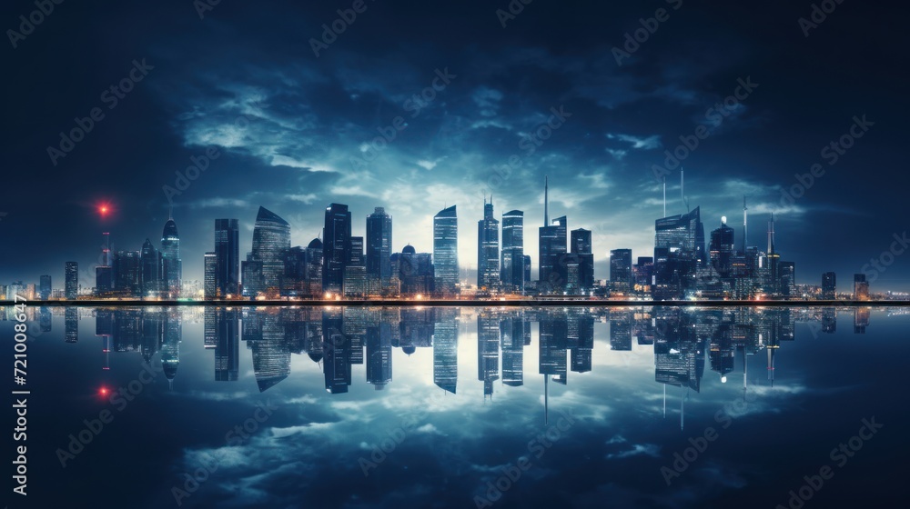 night scene of shanghai skyline with reflection in water,China Generative AI
