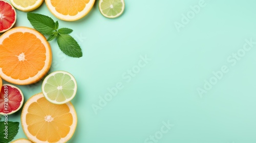 Variety of citrus fruit including lemons, lines, grapefruits and oranges with mint leaves on mint green background. Top view with copy space. Generative AI © Alex