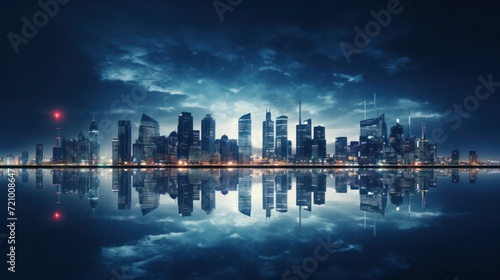 night scene of shanghai skyline with reflection in water,China Generative AI