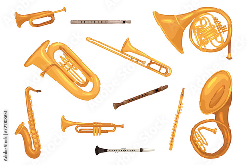 Set of wind instruments on white background