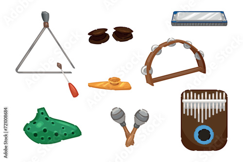 Set of unusual musical instruments on white background
