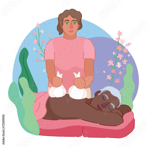 Woman receiving hot massage with herbal stamps in spa salon