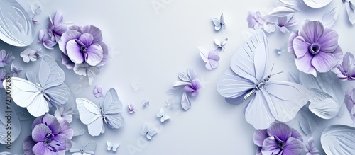 3D wallpaper with white butterflies and purple flowers.