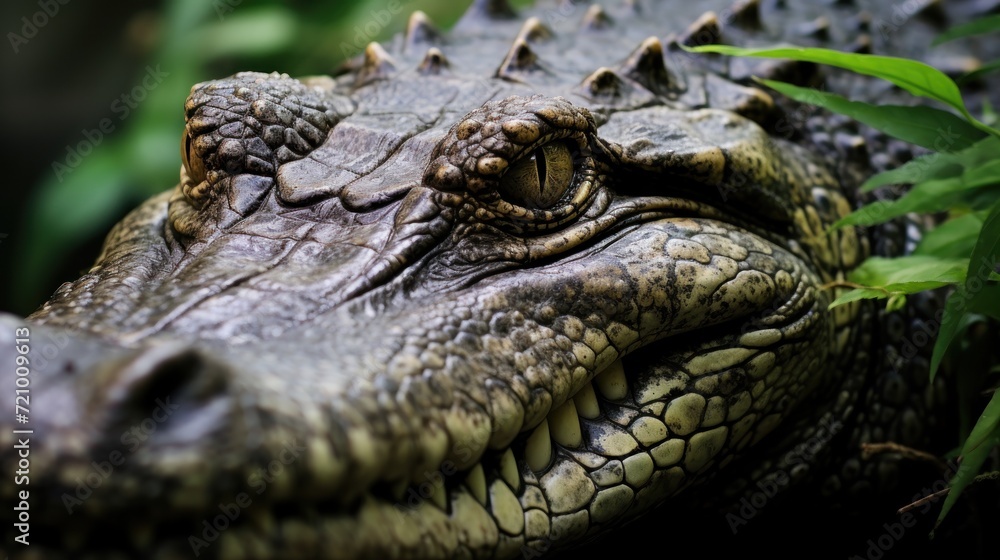 Crocodile head close-up in the natural environment. Generative AI