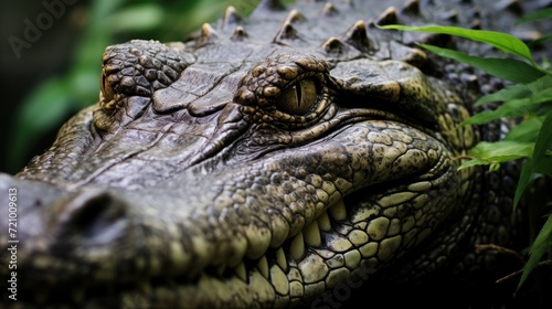 Crocodile head close-up in the natural environment. Generative AI