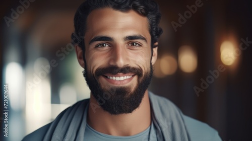 Portrait of handsome young man with beard and mustache looking at camera. Generative AI