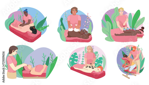 Set of women receiving different massages in spa salon
