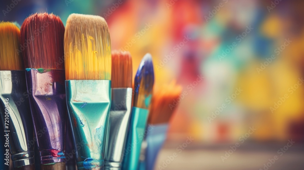 Close-up of artist paintbrushes with vibrant bristles against a blurred colorful background. Close-up of artist paintbrushes with vibrant bristles against a blurred colorful background.
