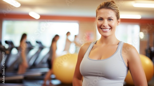 Smiling fit woman in sportswear standing confidently in a modern gym with equipment.