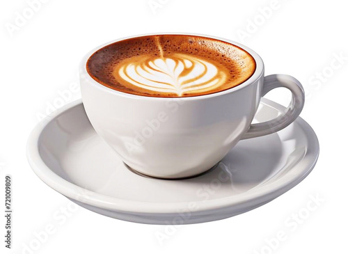 Close up shot of hot latte coffee with latte art in a ceramic white cup and saucer PNG file on isolated background.