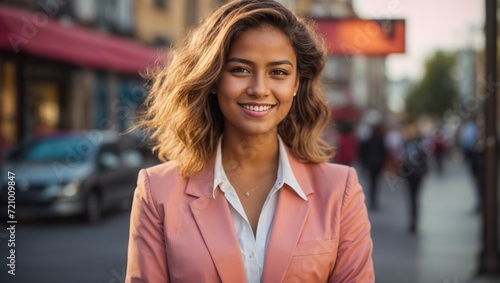 Happy Young American Businesswoman Smiling, Confident Career Woman Looking at Camera – Generative AI 