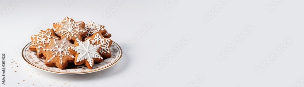 Homemade Christmas gingerbread cookies decorated with sweet sugar icing served on plate on white wooden background Homemade Christmas gingerbread cookies decorated with sweet sugar icing served on plate on white wooden background