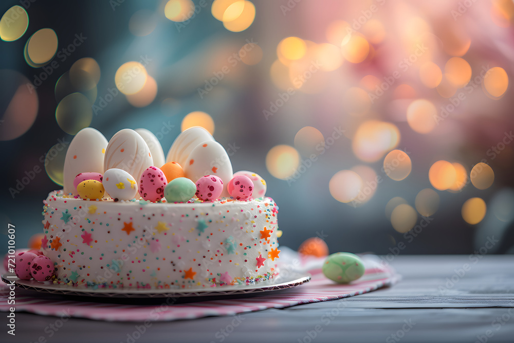 Cake with easter egg and decoration for Easter day on bokeh background.